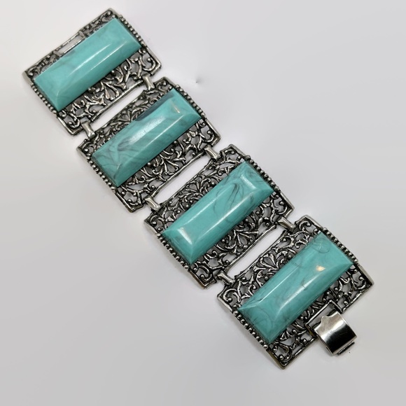 Thermoset Bracelet, Wide, 50s, Faux Turquoise, Mid Century, Silver Tone, Ornate - Picture 5 of 5